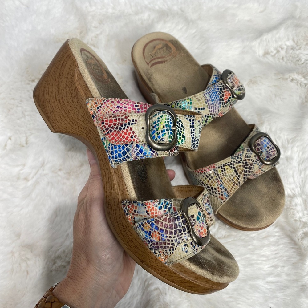 Dansko Womens Multi Color Mosaic Snake Print Leather Wedge Slide Sandals Size 38
